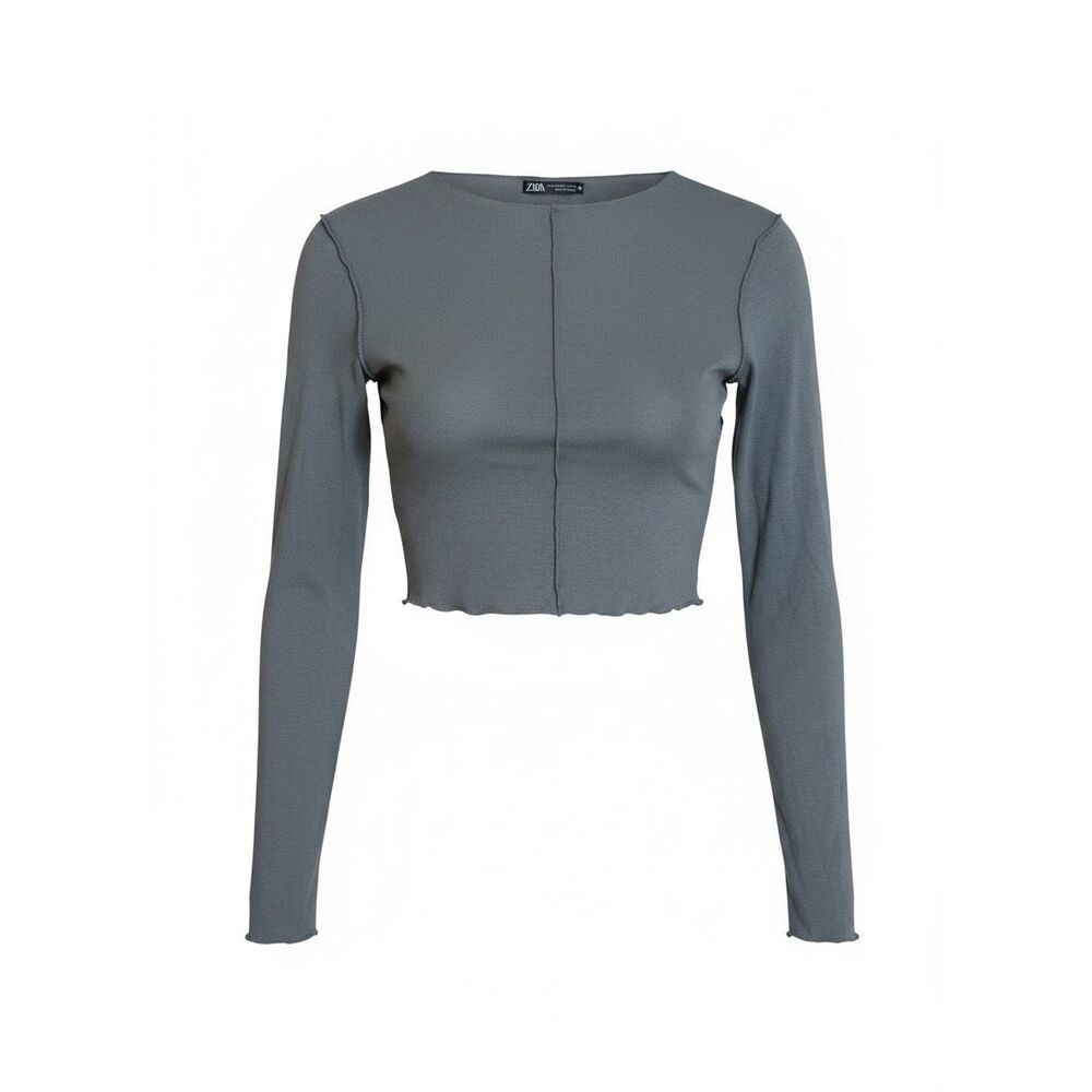 Zara Long Sleeve Exposed Seam Knit Fitted Cropped Top Olive Green Size Medium